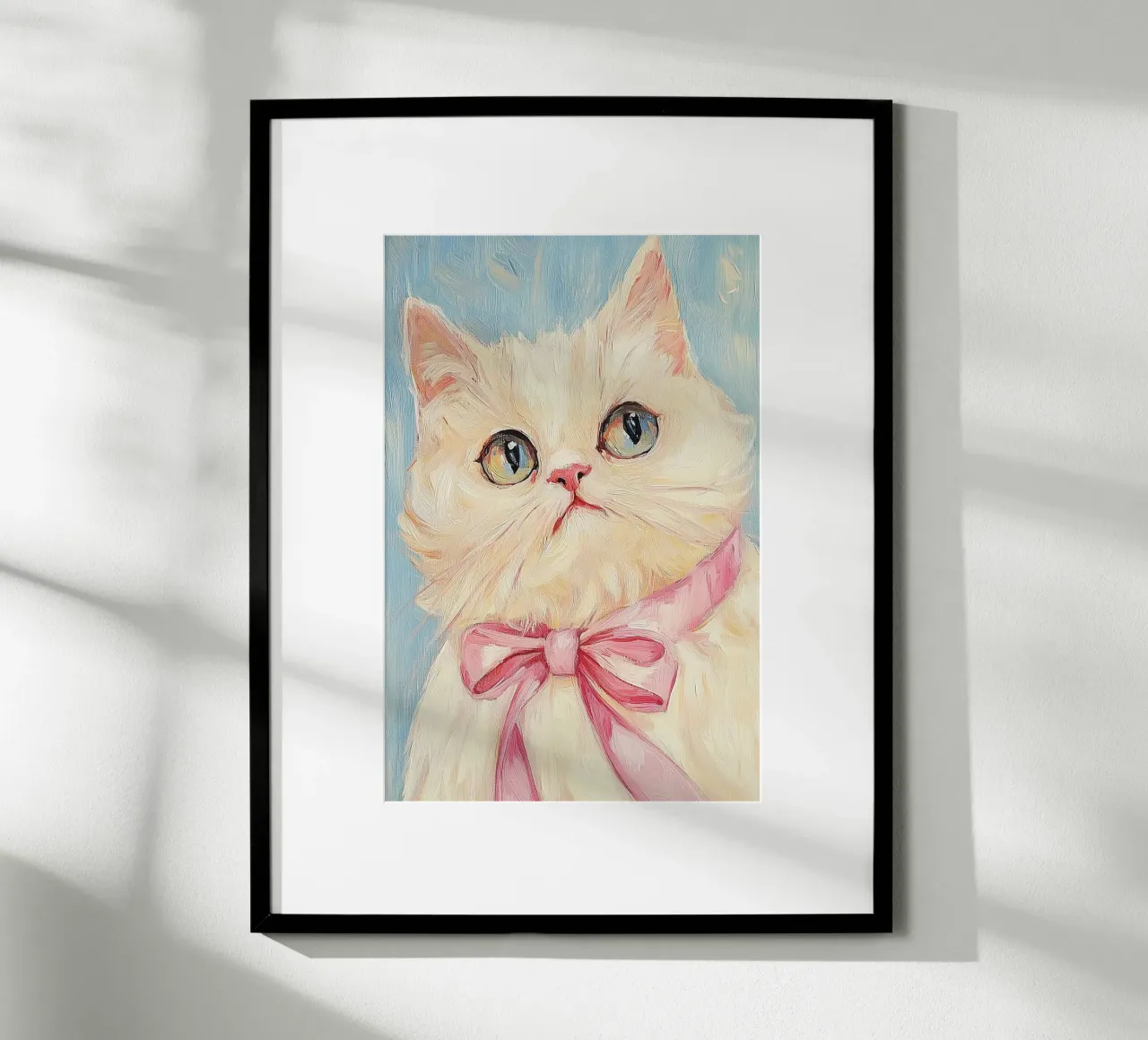 Gatto Bianco Fiocco Rosa poster con telaio in legno da Melloi Art Print