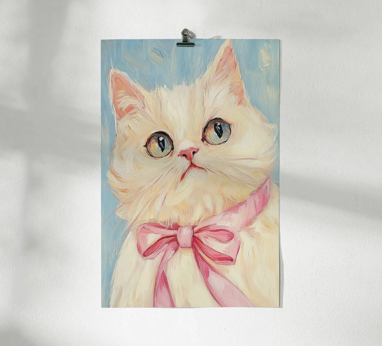 Gatto Bianco Fiocco Rosa poster con telaio in legno da Melloi Art Print