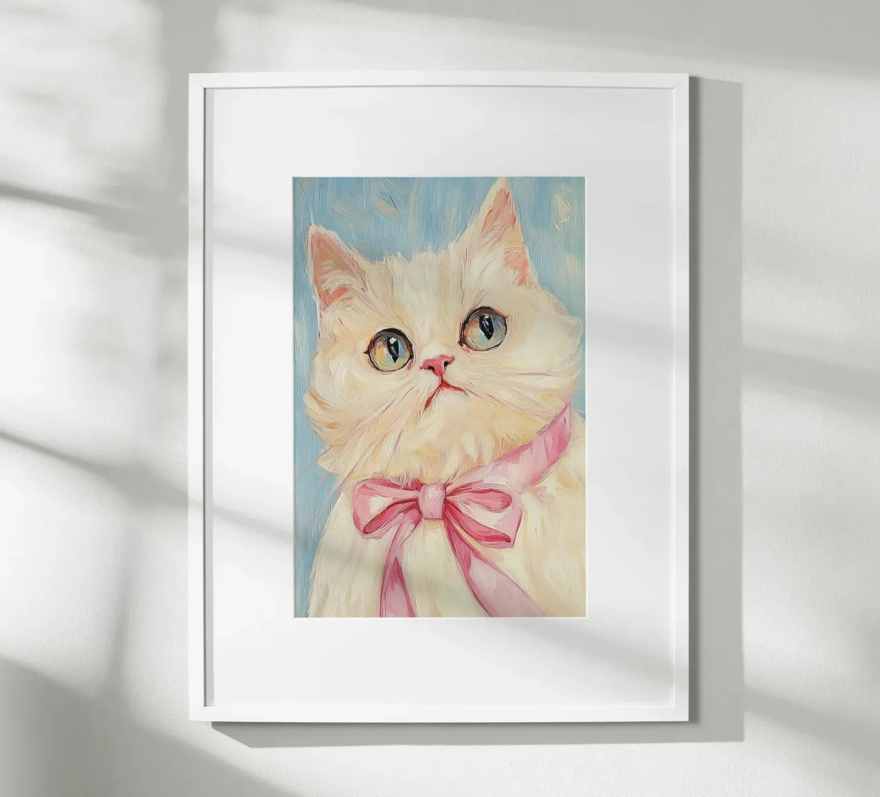 Gatto Bianco Fiocco Rosa poster con telaio in legno da Melloi Art Print