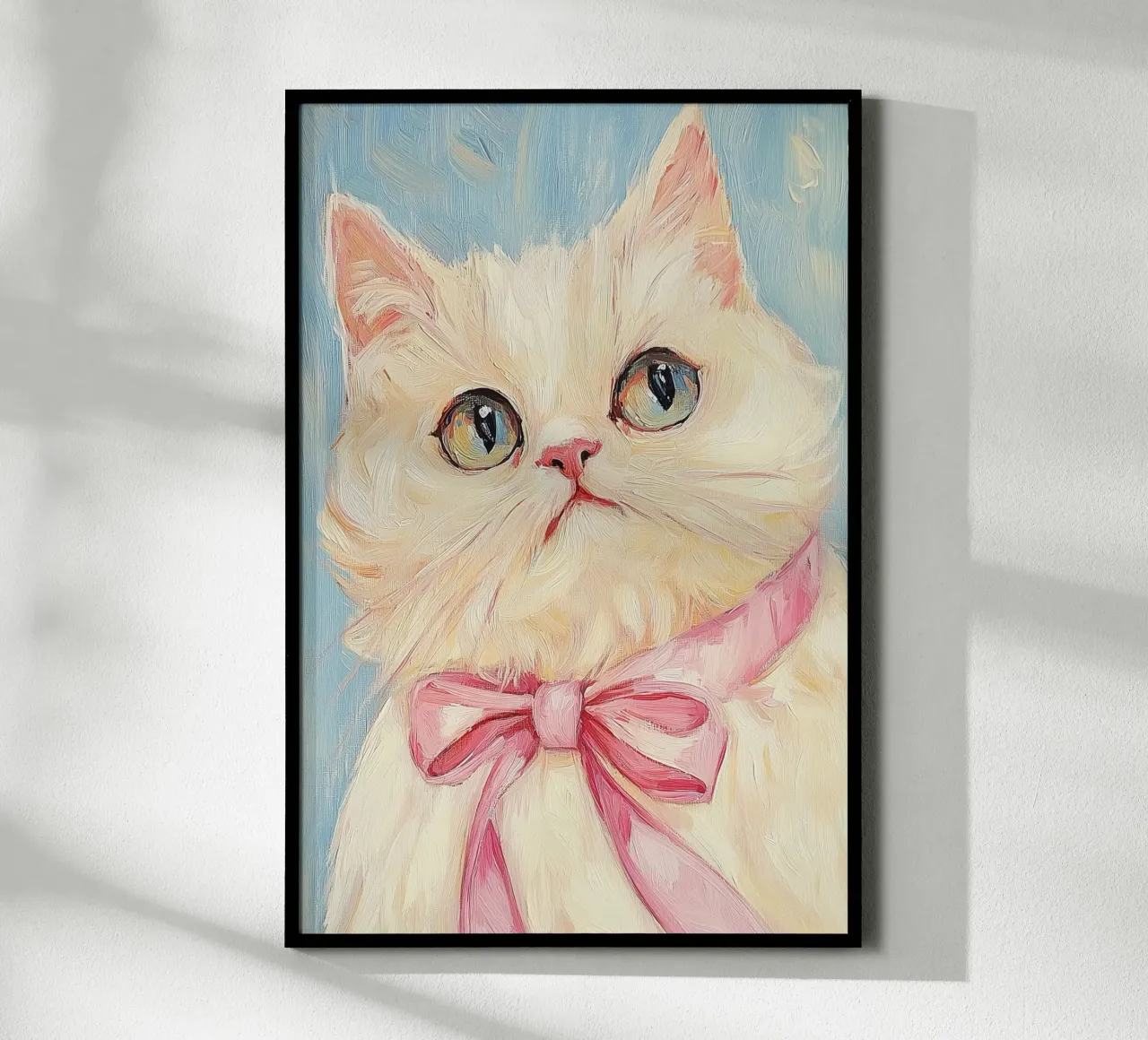Gatto Bianco Fiocco Rosa poster con telaio in legno da Melloi Art Print