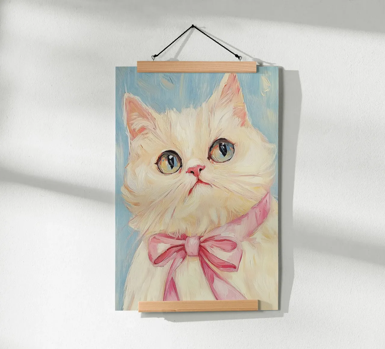 Gatto Bianco Fiocco Rosa poster con telaio in legno da Melloi Art Print