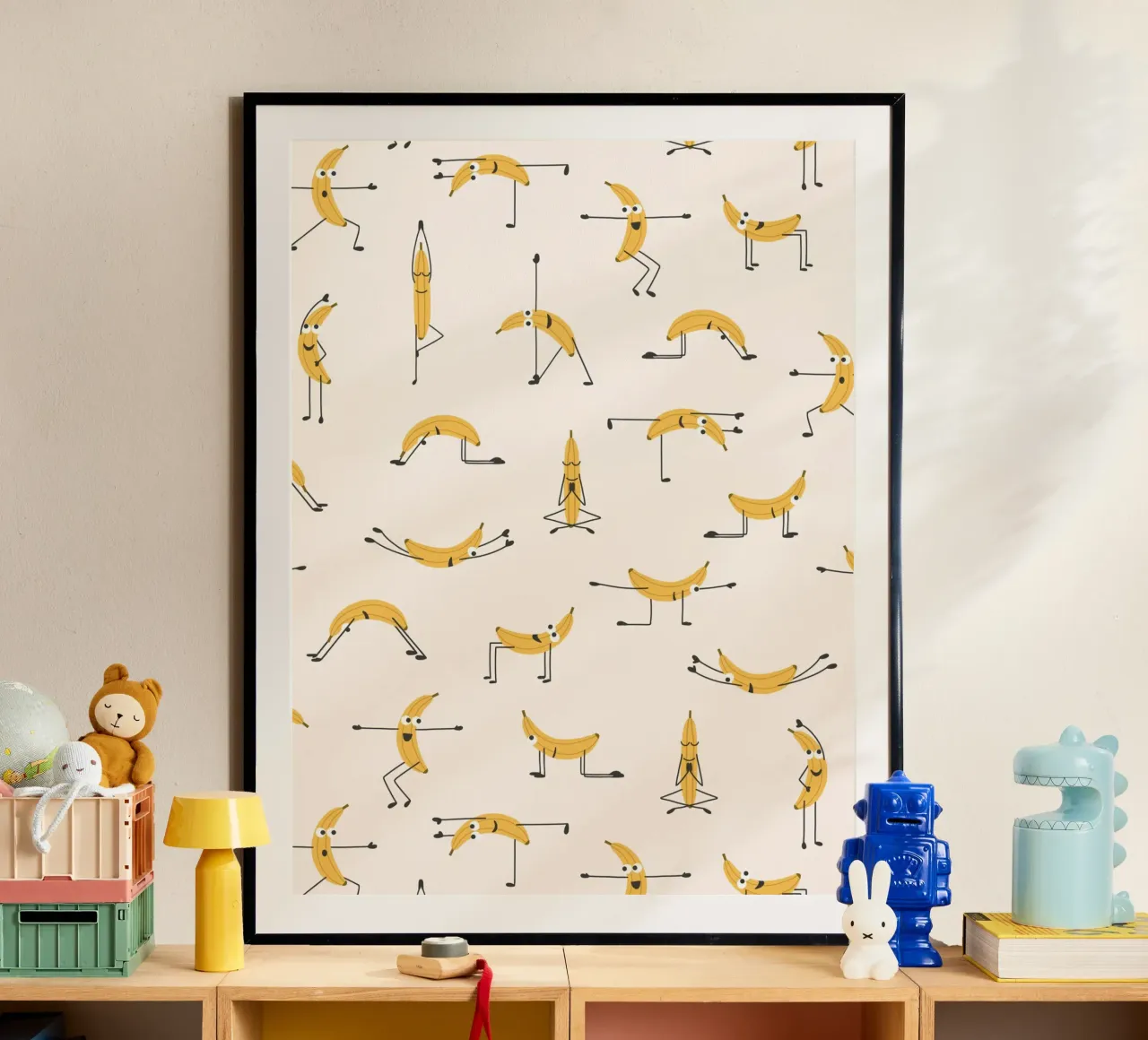 Banana Yoga | Fun playful pattern design for yogis poster with aluminum frame by Kathrin Woo Design