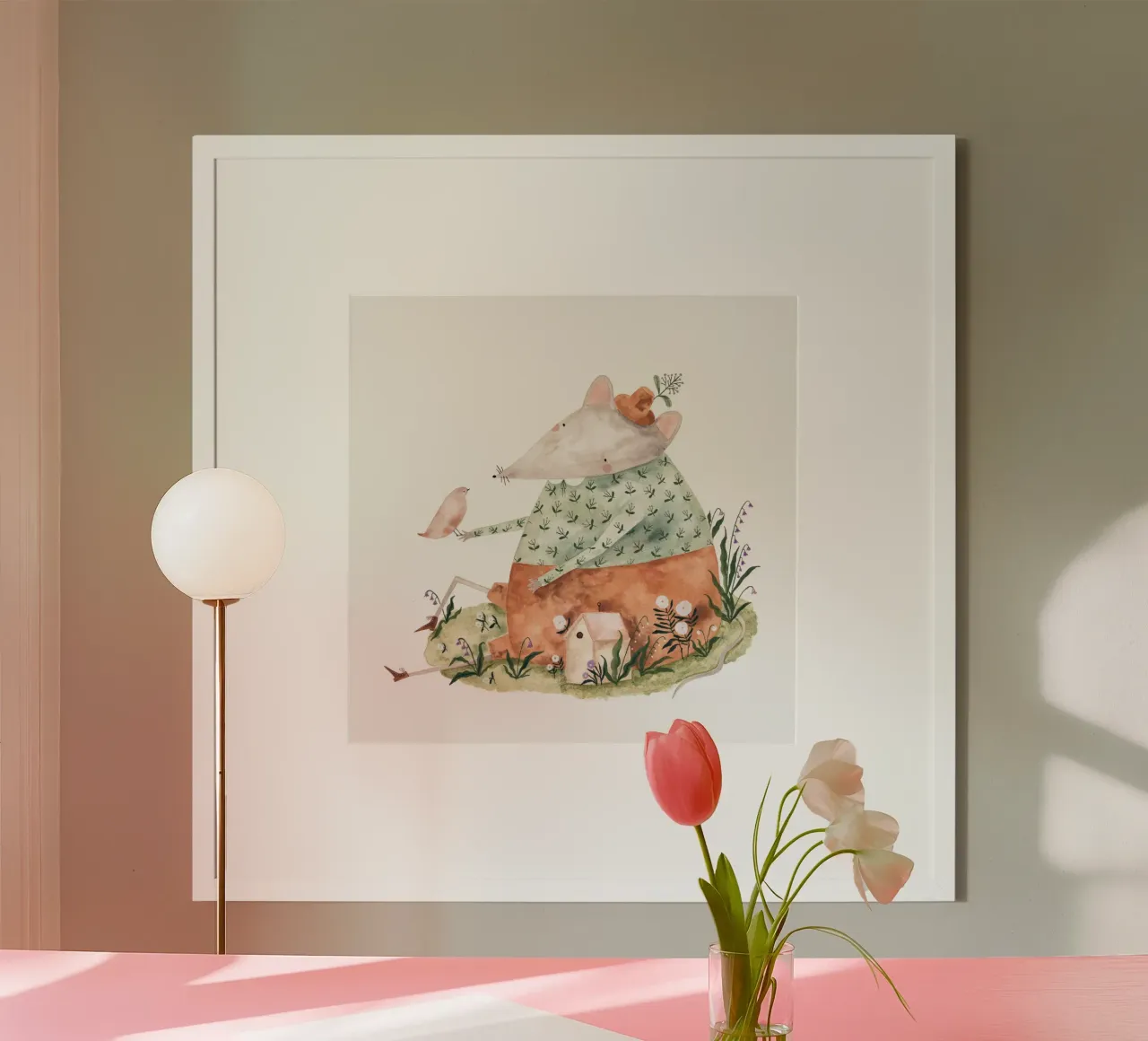 Claudia Voglhuber - Maus mit Vogel carta hahnemühle da The Artcircle