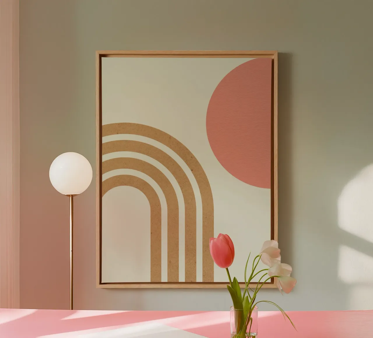 Mid-century Pink Sun & Gold Rainbow canvas with Floater frame by MoonlightPrint