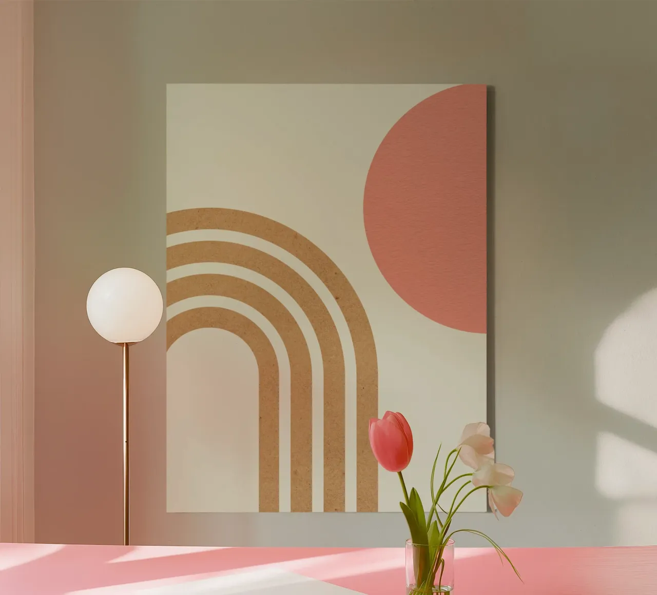 Mid-century Pink Sun & Gold Rainbow canvas with Floater frame by MoonlightPrint