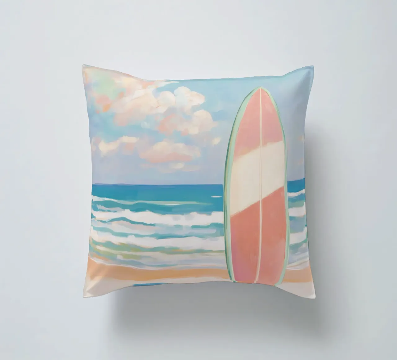 Tabla de surf en la playa cojín de Melloi Art Print