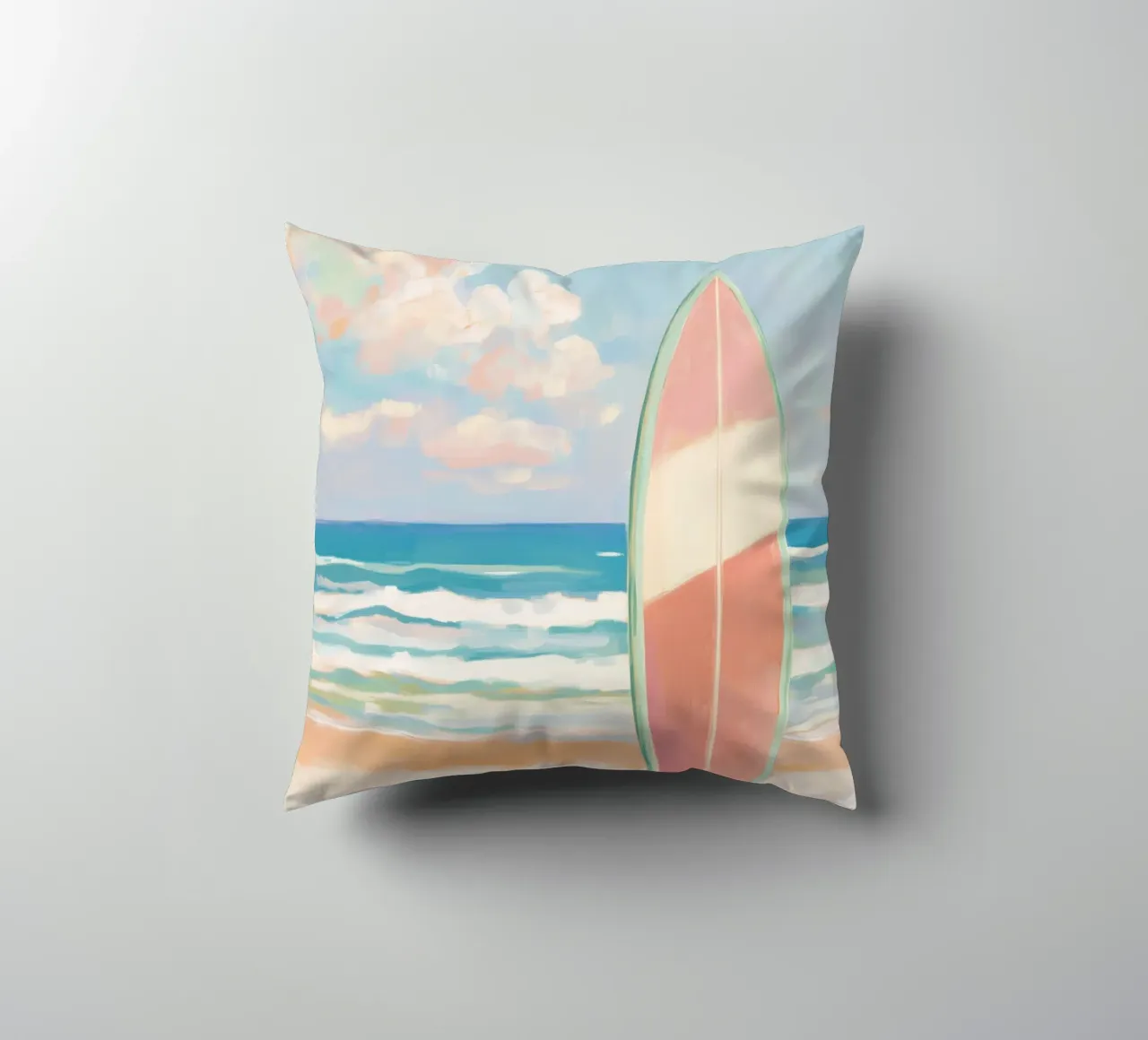Tabla de surf en la playa cojín de Melloi Art Print