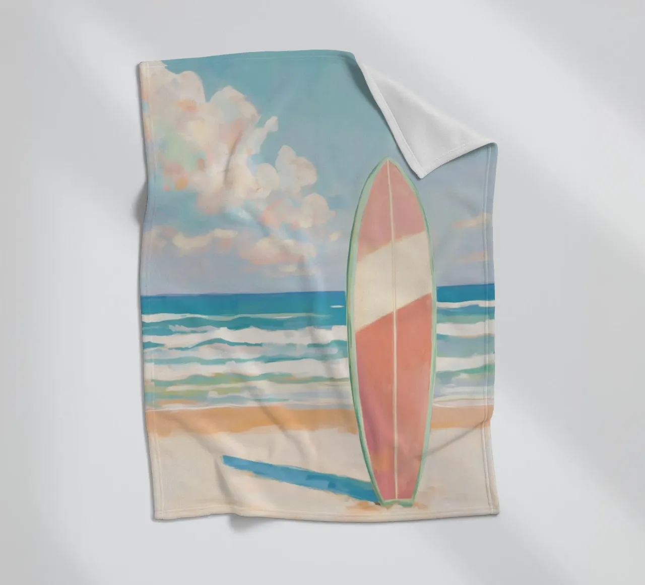 Tavola da surf sulla spiaggia coperta in pile da Melloi Art Print