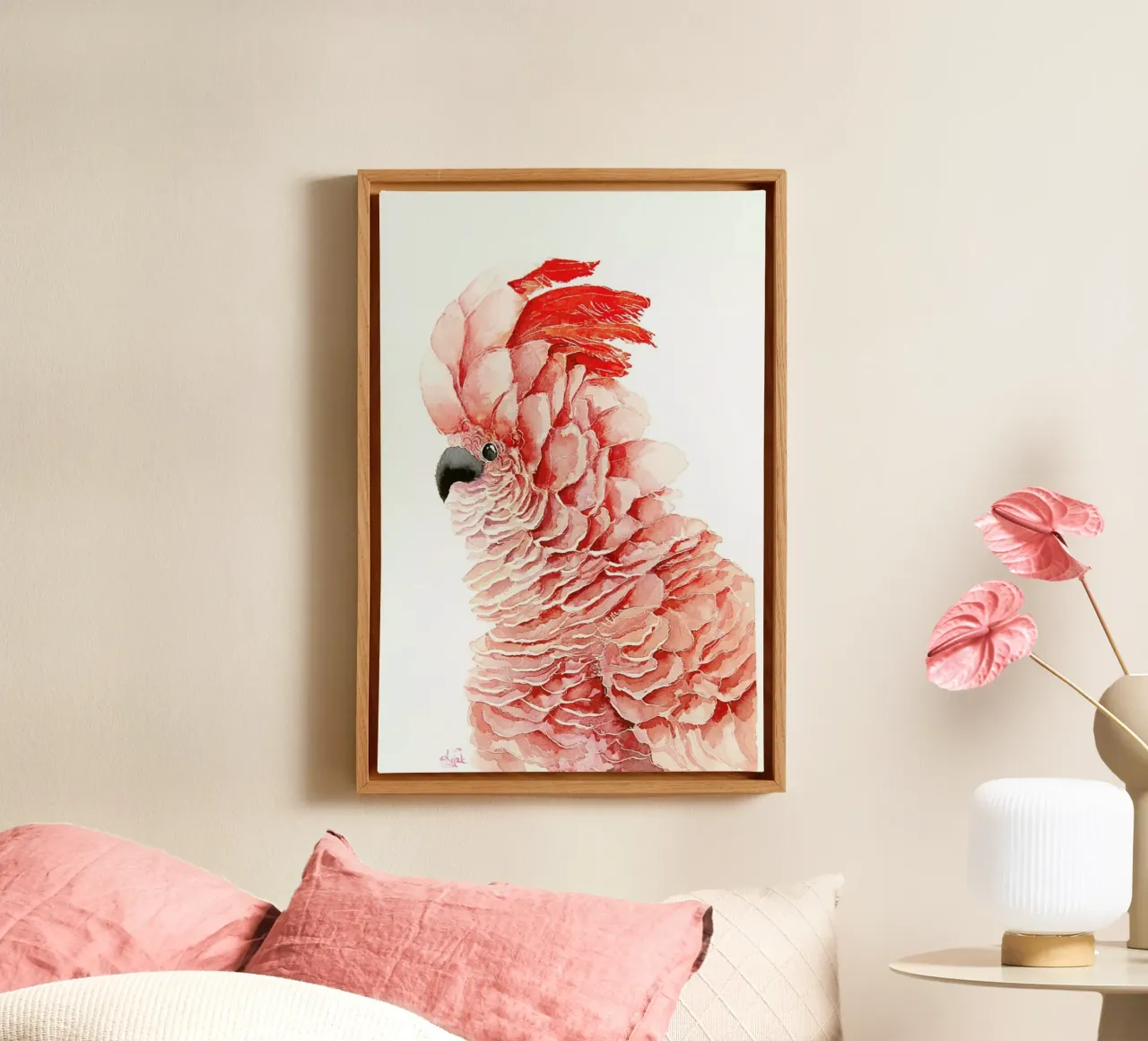 Pink parrot tela con Cornice a cassetta da Karolina Kijak