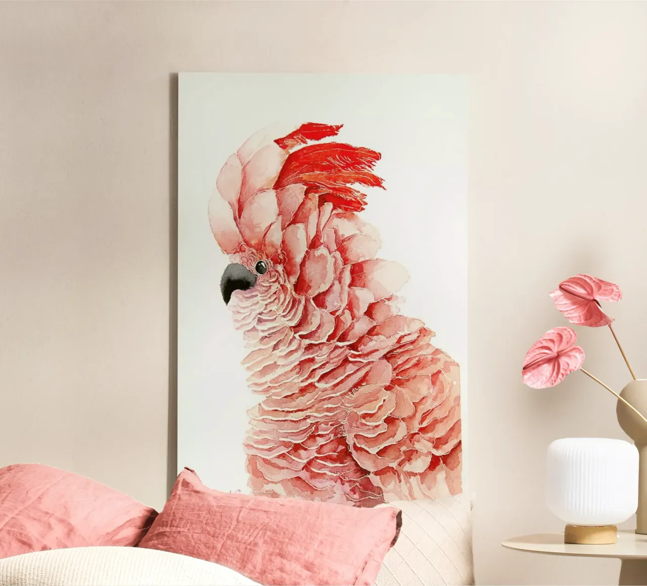 Pink parrot tela con Cornice a cassetta da Karolina Kijak