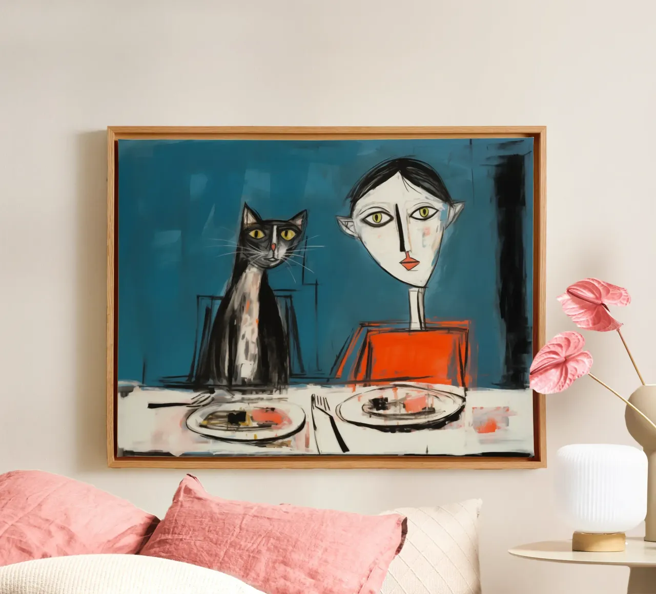 Cat woman at the cat table | Funny painting for cat owners canvas with Floater frame by Autofocus