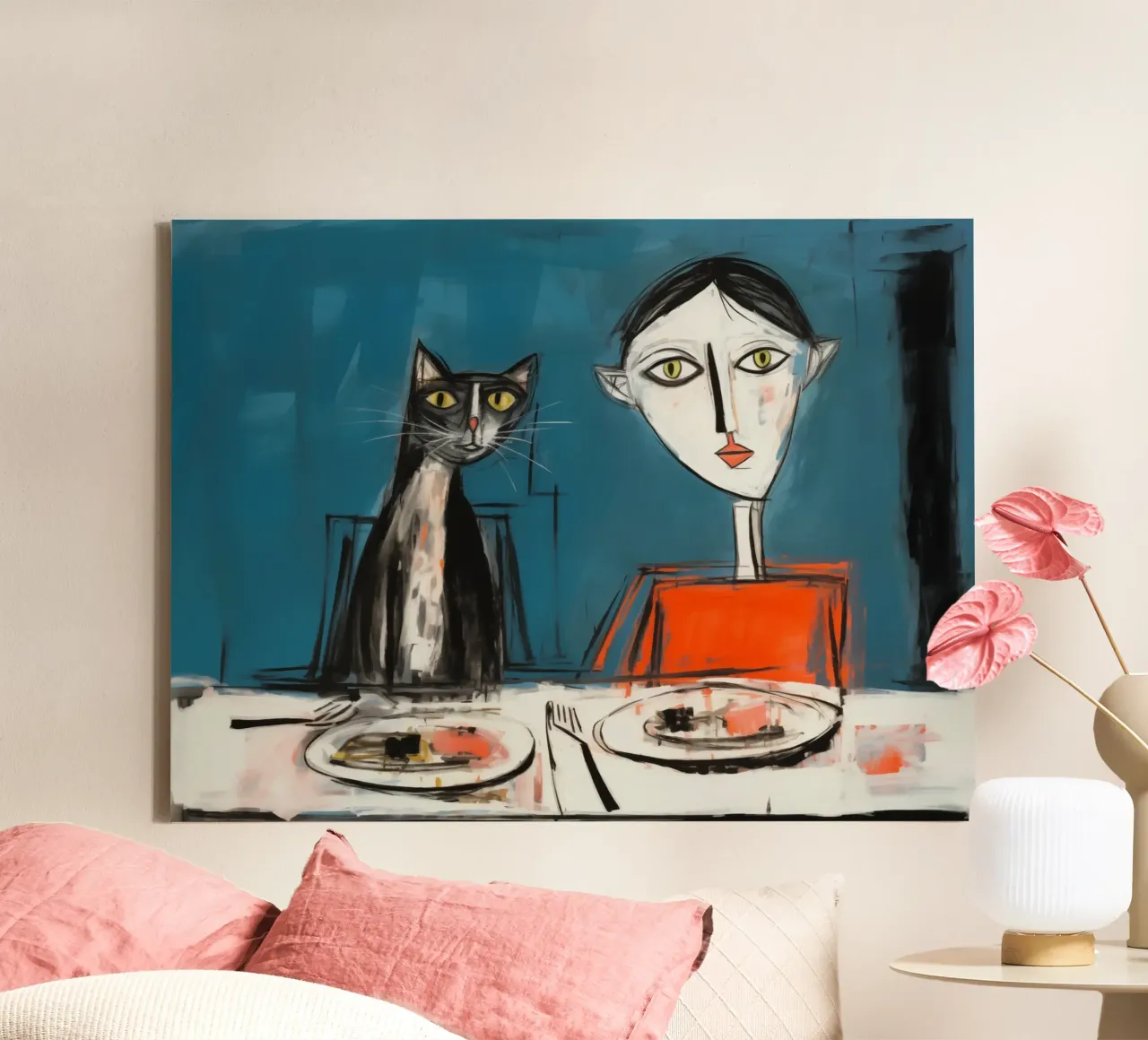 Cat woman at the cat table | Funny painting for cat owners canvas with Floater frame by Autofocus