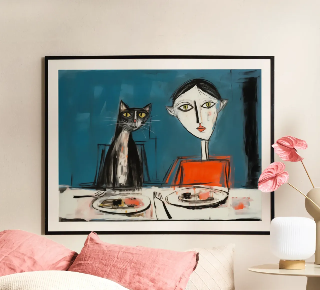 Donna gatto al tavolo dei gatti | Quadro divertente per i proprietari di gatti poster con telaio in plastica da Autofocus
