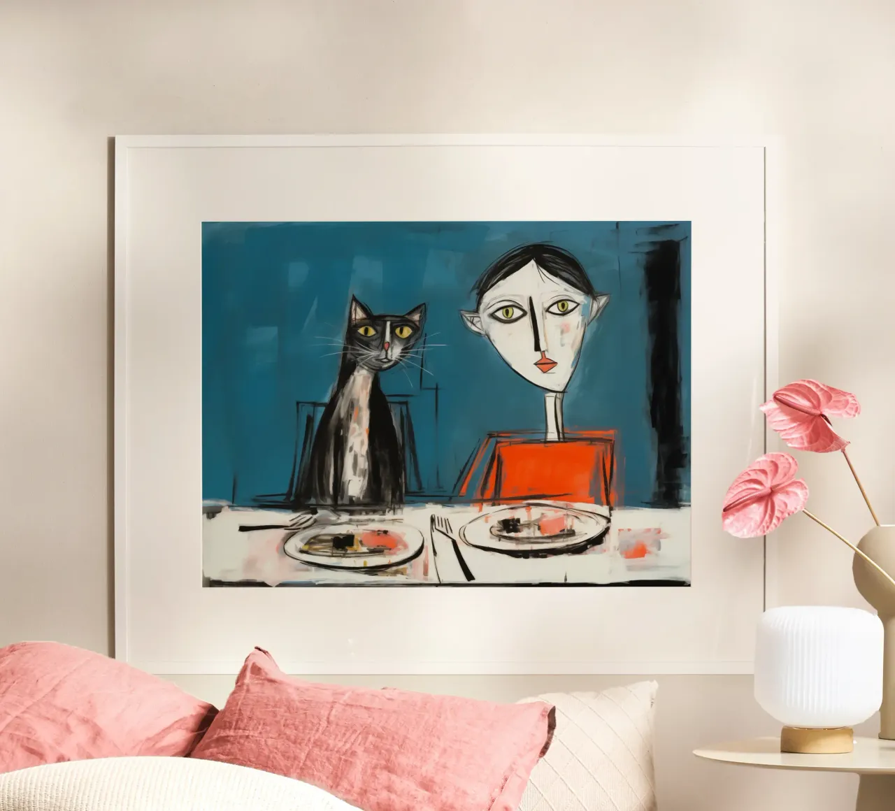 Donna gatto al tavolo dei gatti | Quadro divertente per i proprietari di gatti poster con telaio in plastica da Autofocus