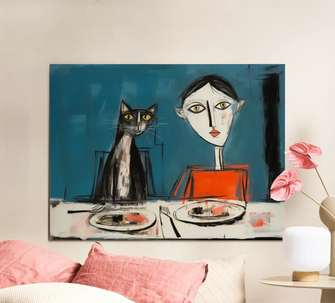 Donna gatto al tavolo dei gatti | Quadro divertente per i proprietari di gatti poster con telaio in plastica da Autofocus