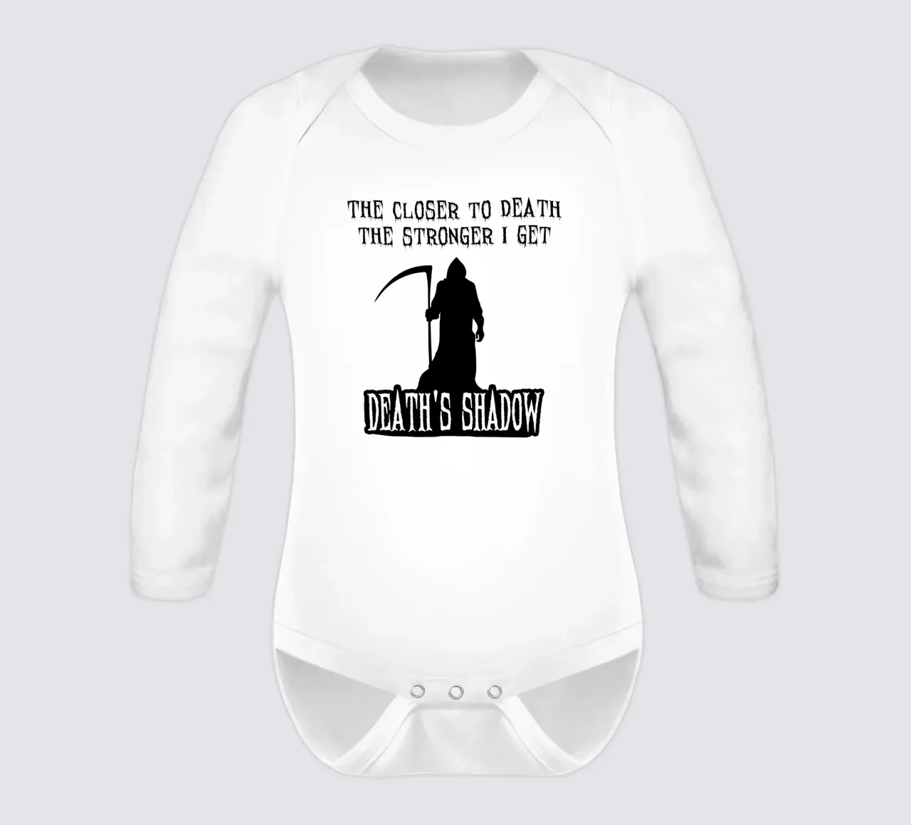 The closer to death the stronger I get - Death's Shadow long-sleeve baby romper by Loobs