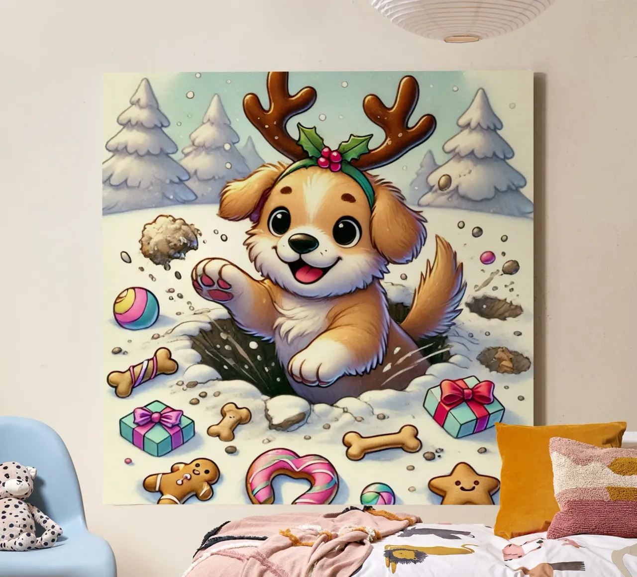 Feestelijke puppy in de sneeuw canvas met Baklijst van FluffyToons