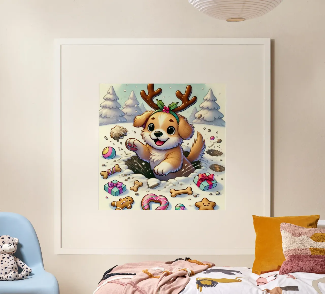 Cucciolo festoso nella neve poster con telaio in alluminio da FluffyToons