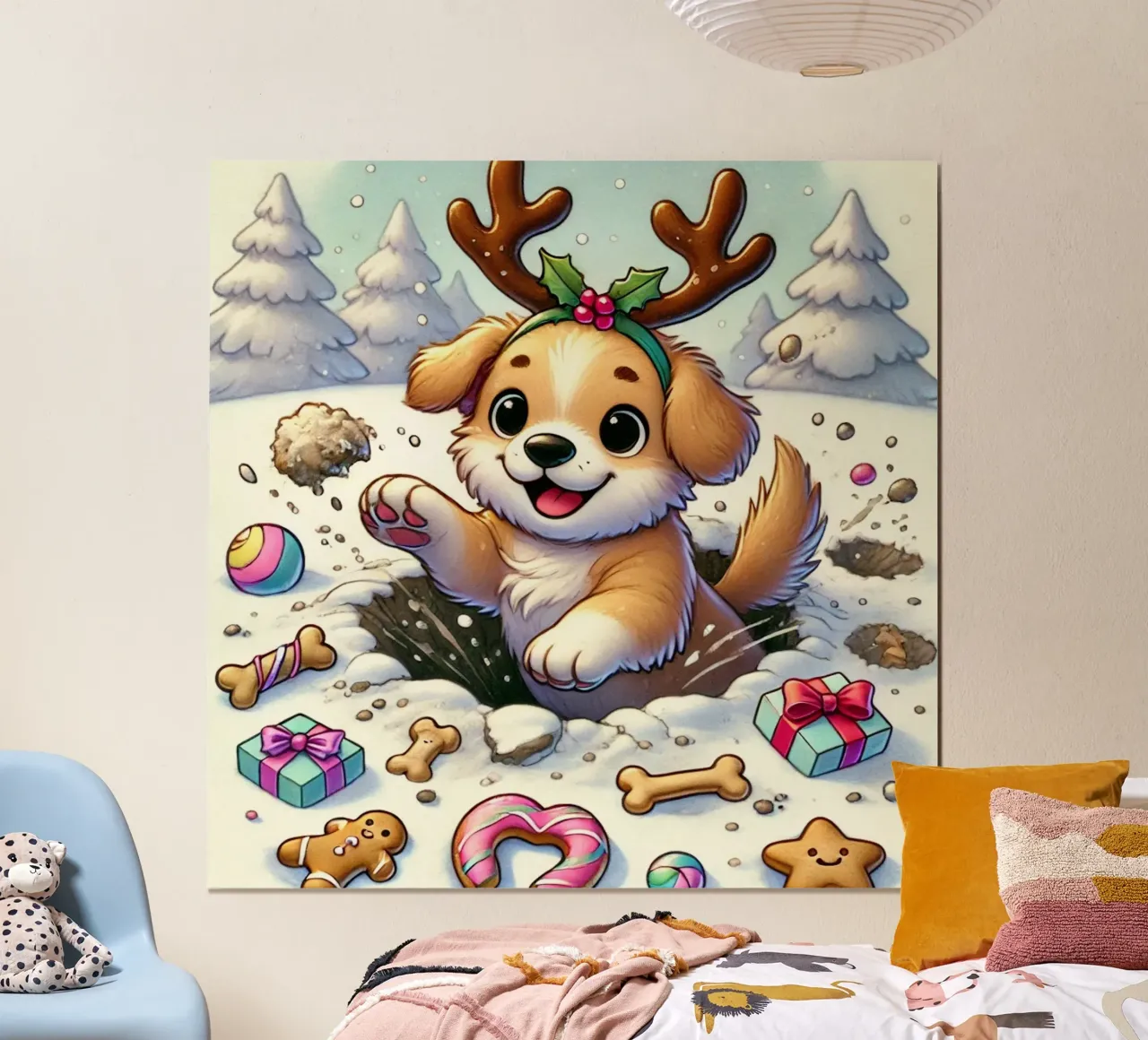 Cucciolo festoso nella neve poster con telaio in alluminio da FluffyToons