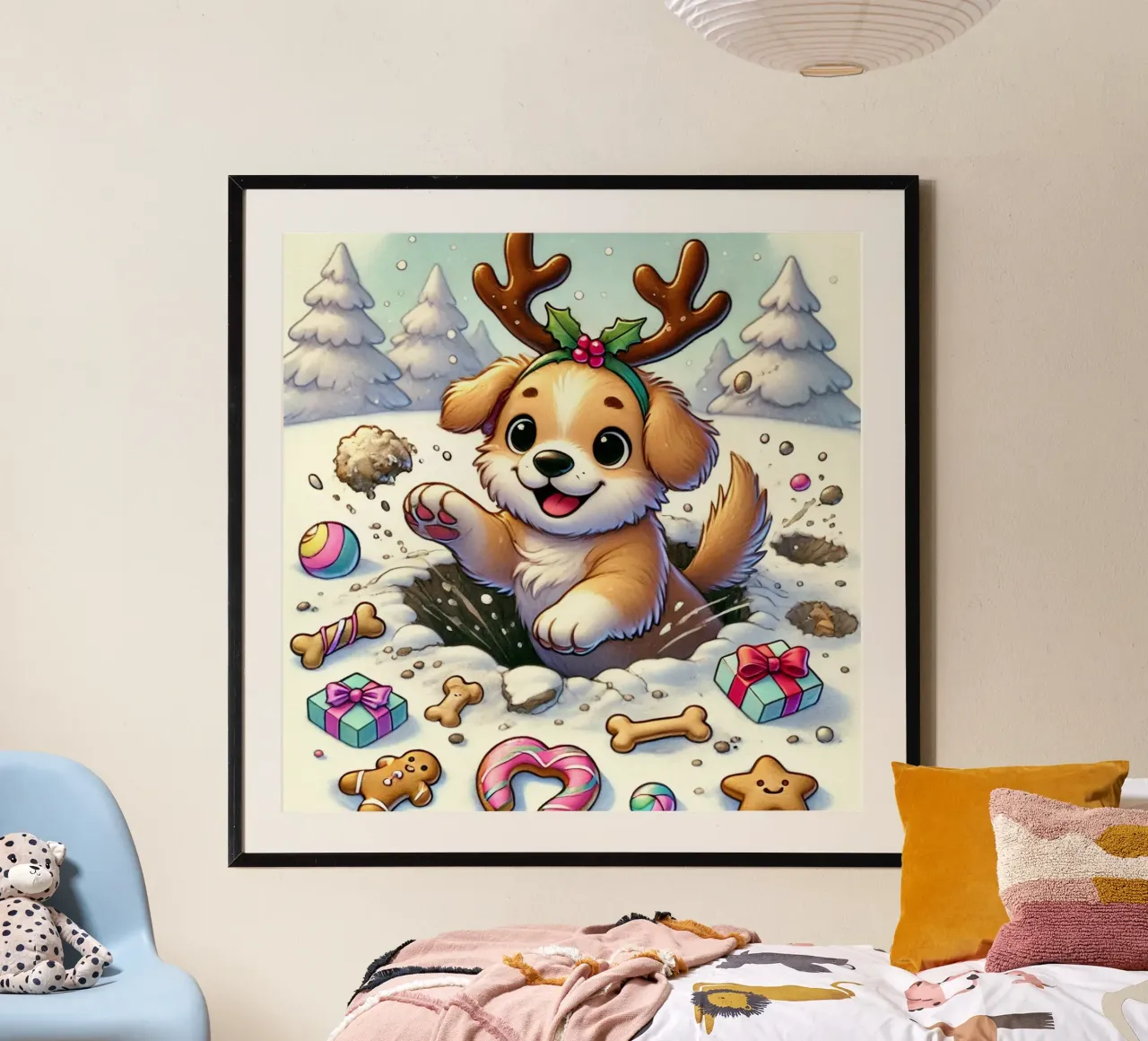 Cucciolo festoso nella neve poster con telaio in alluminio da FluffyToons