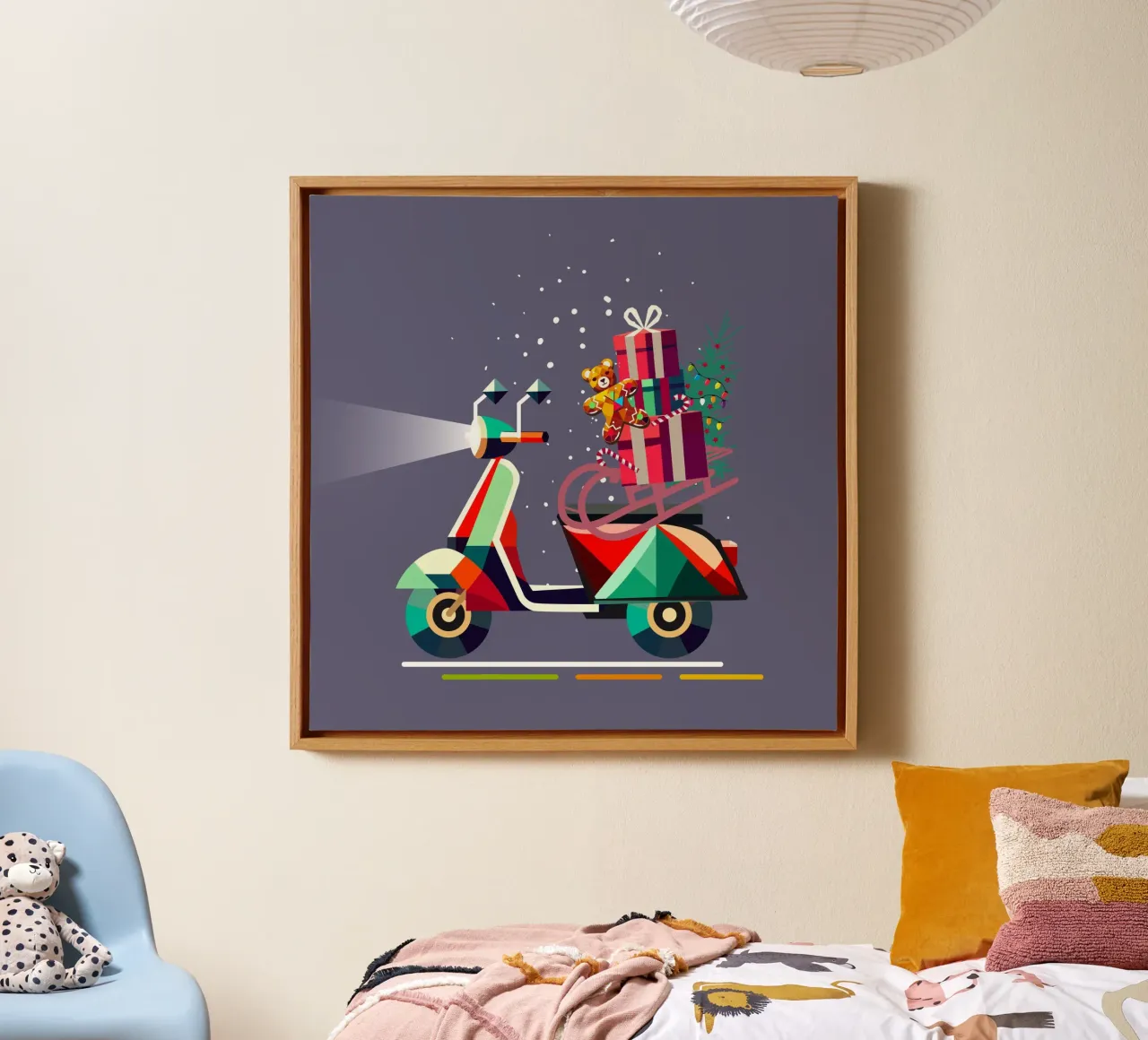 Geometric Christmas scooter with presents canvas with Floater frame by namosh