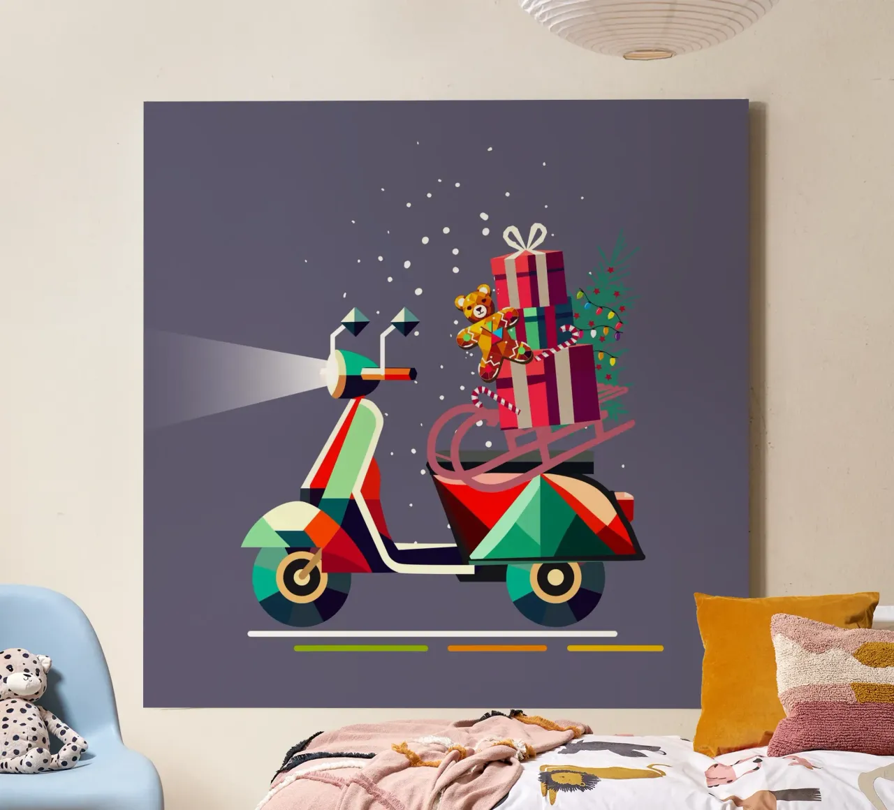 Geometric Christmas scooter with presents canvas with Floater frame by namosh