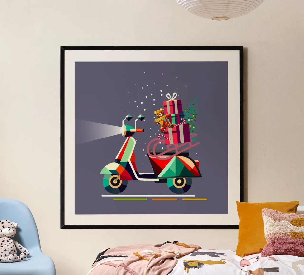 Monopattino natalizio geometrico con regali poster con telaio in plastica da namosh