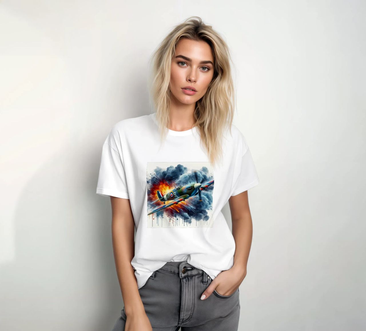 Spitfire at full speed drawn in watercolor with splashes t-shirt by ARTVI-SHOP