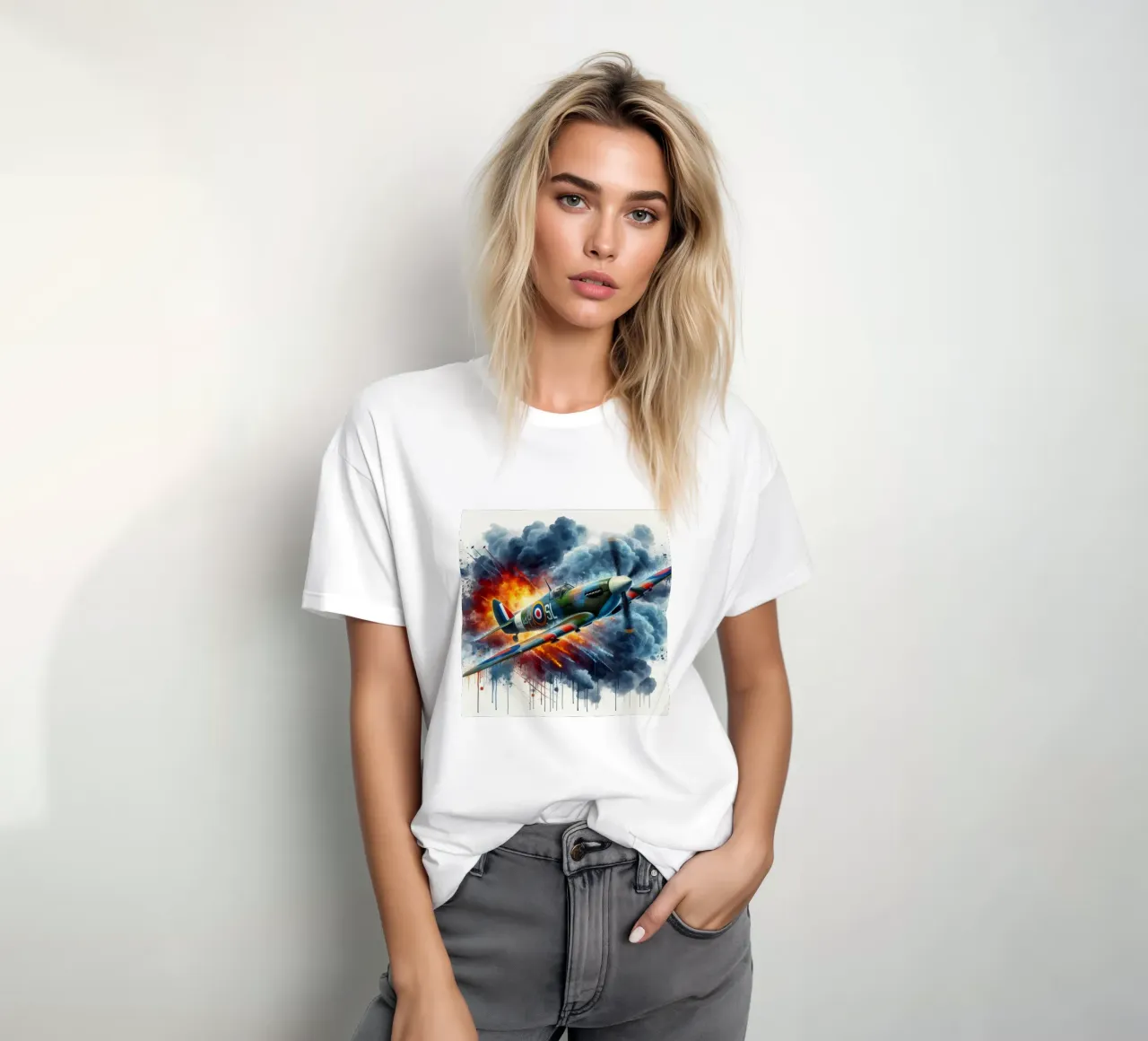 Spitfire a tutta velocità disegnato ad acquerello con schizzi t-shirt da ARTVI-SHOP