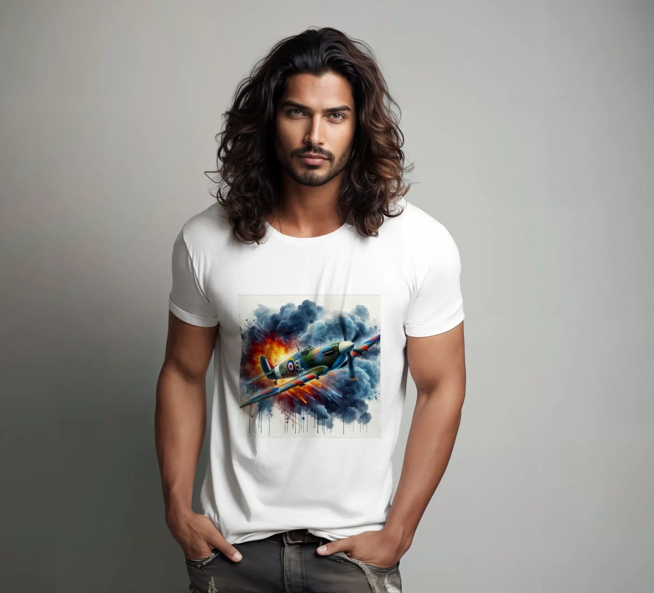 Spitfire at full speed drawn in watercolor with splashes t-shirt by ARTVI-SHOP