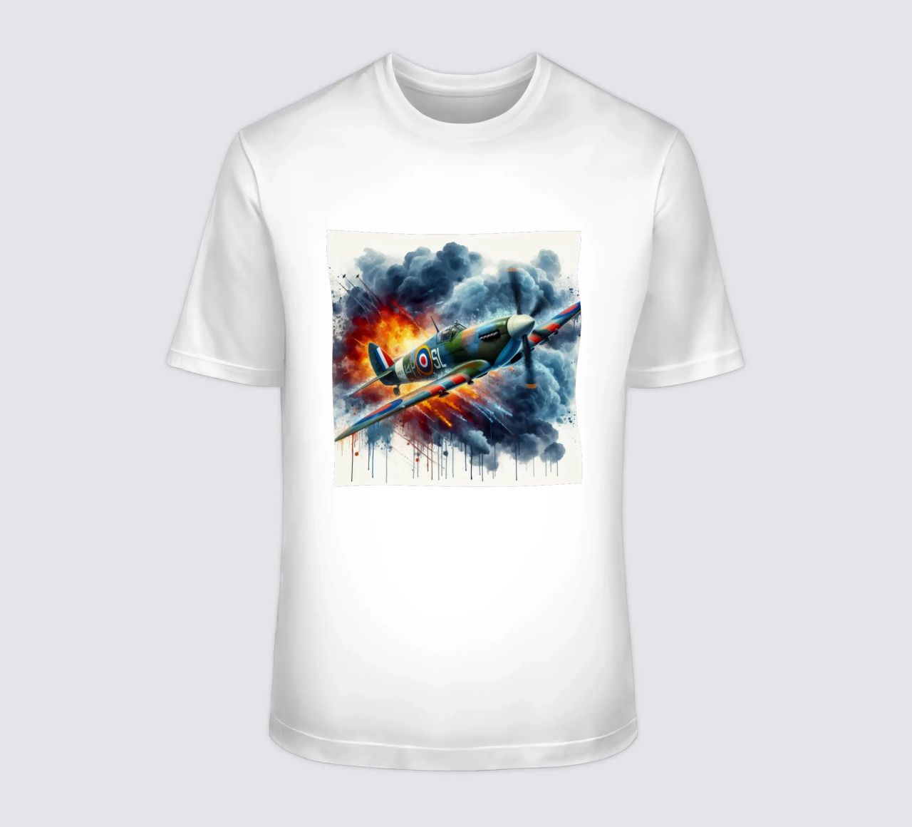 Spitfire at full speed drawn in watercolor with splashes t-shirt by ARTVI-SHOP