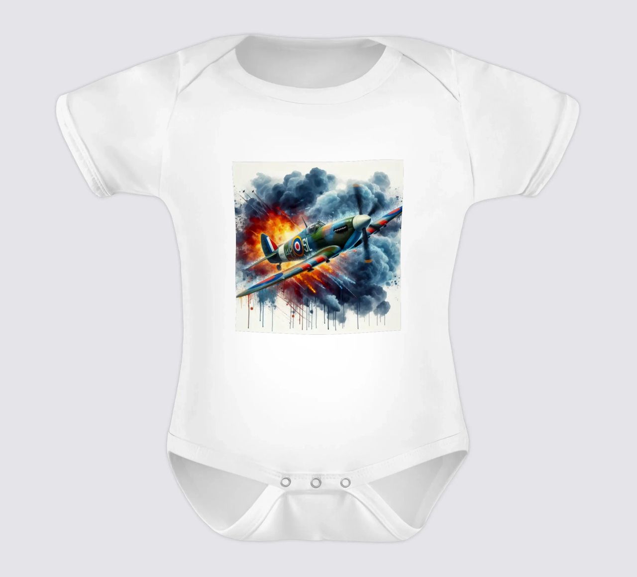 Spitfire at full speed drawn in watercolor with splashes short-sleeve baby romper by ARTVI-SHOP