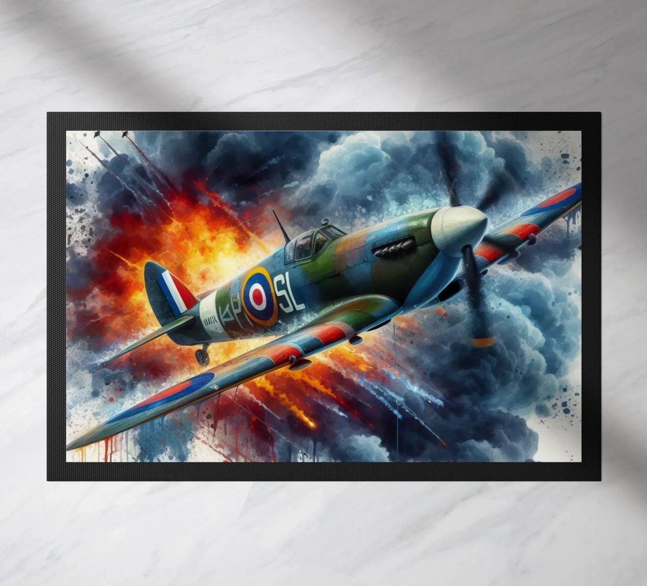 Spitfire at full speed drawn in watercolor with splashes doormat by ARTVI-SHOP