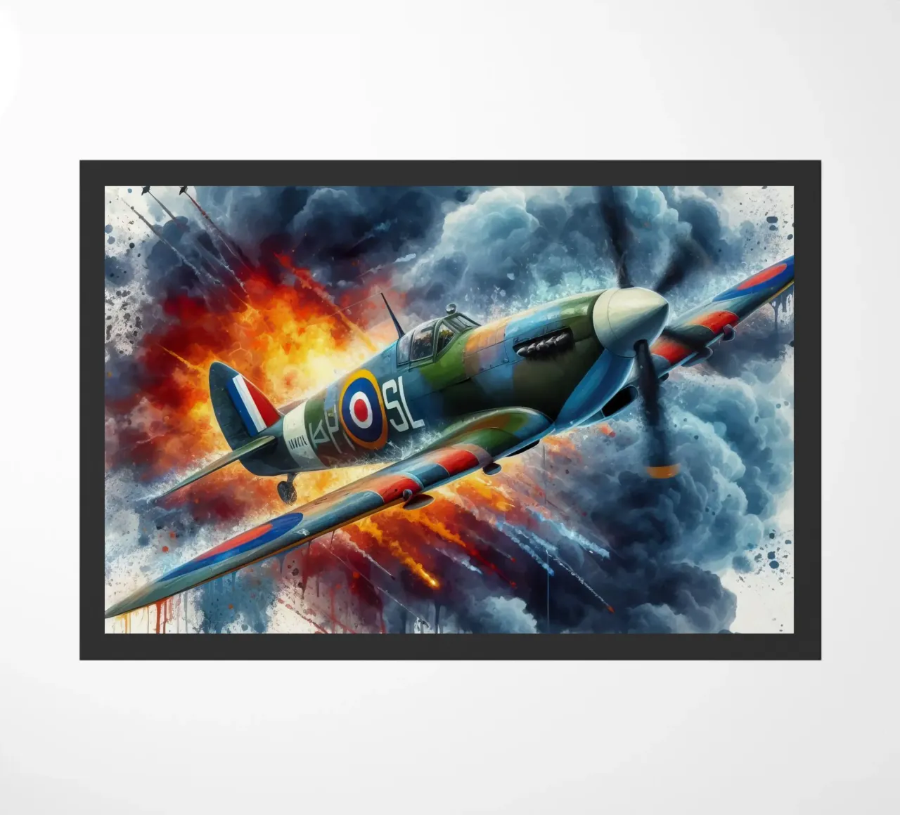 Spitfire a tutta velocità disegnato ad acquerello con schizzi zerbino da ARTVI-SHOP
