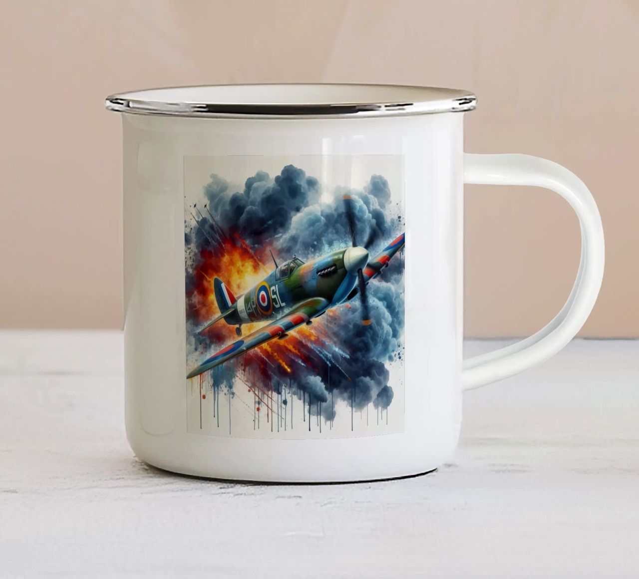 Spitfire at full speed drawn in watercolor with splashes enamel mug by ARTVI-SHOP