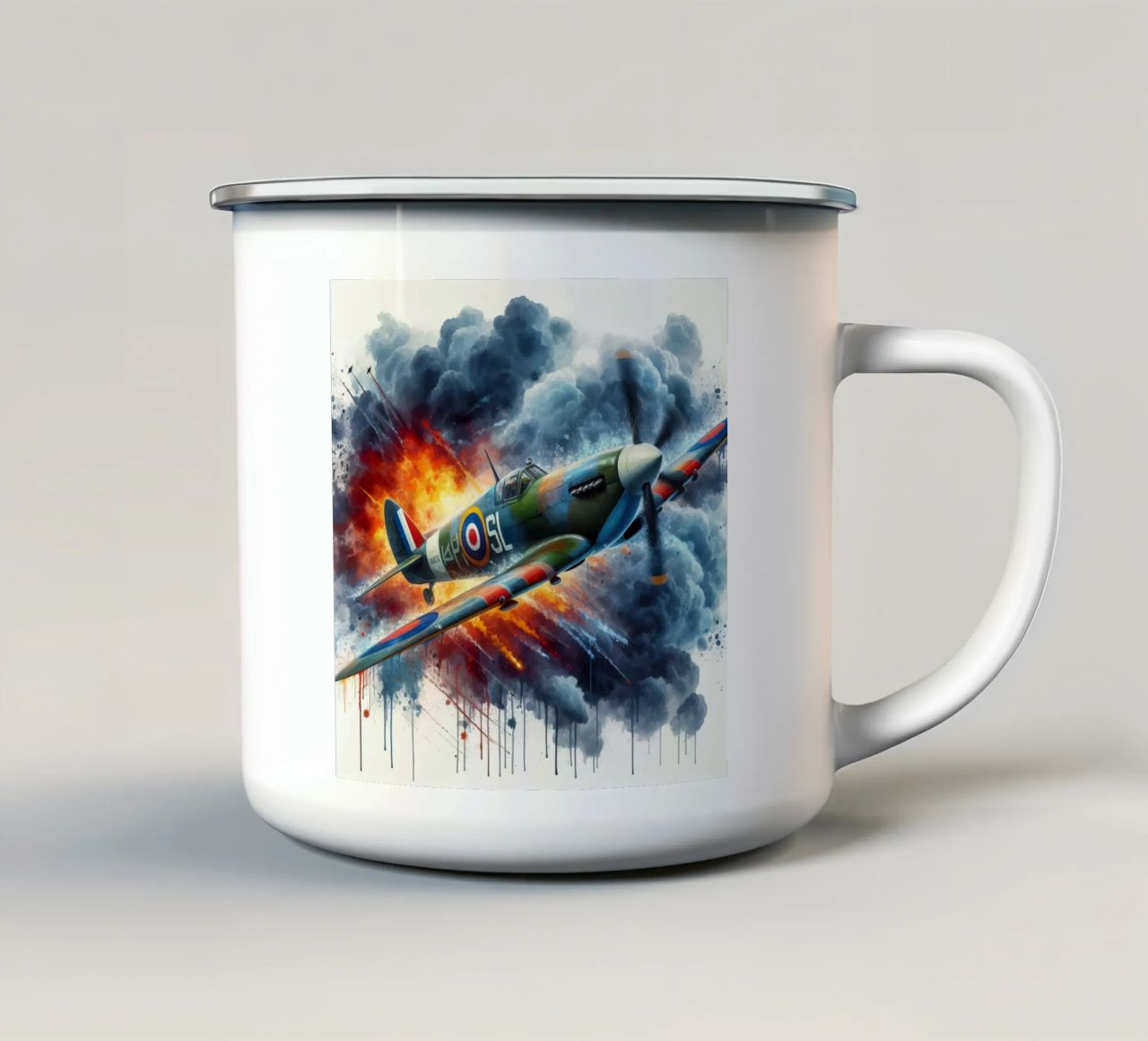 Spitfire at full speed drawn in watercolor with splashes enamel mug by ARTVI-SHOP