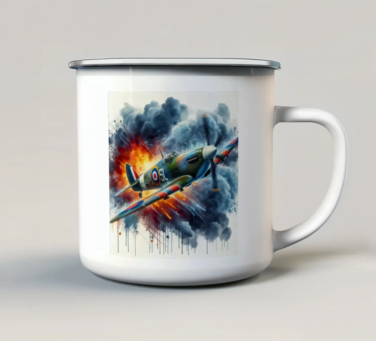 Spitfire a tutta velocità disegnato ad acquerello con schizzi tazza in smalto da ARTVI-SHOP
