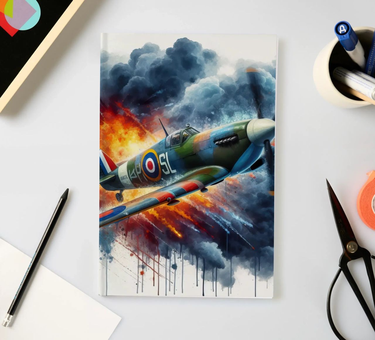 Spitfire at full speed drawn in watercolor with splashes notebook by ARTVI-SHOP