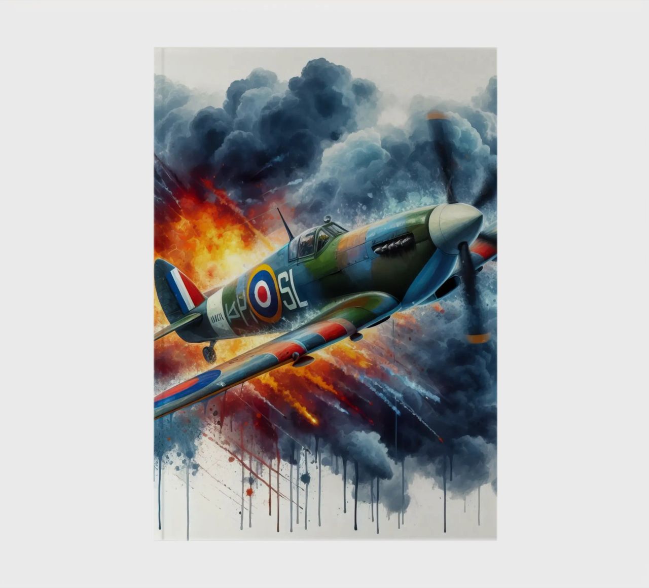 Spitfire at full speed drawn in watercolor with splashes notebook by ARTVI-SHOP