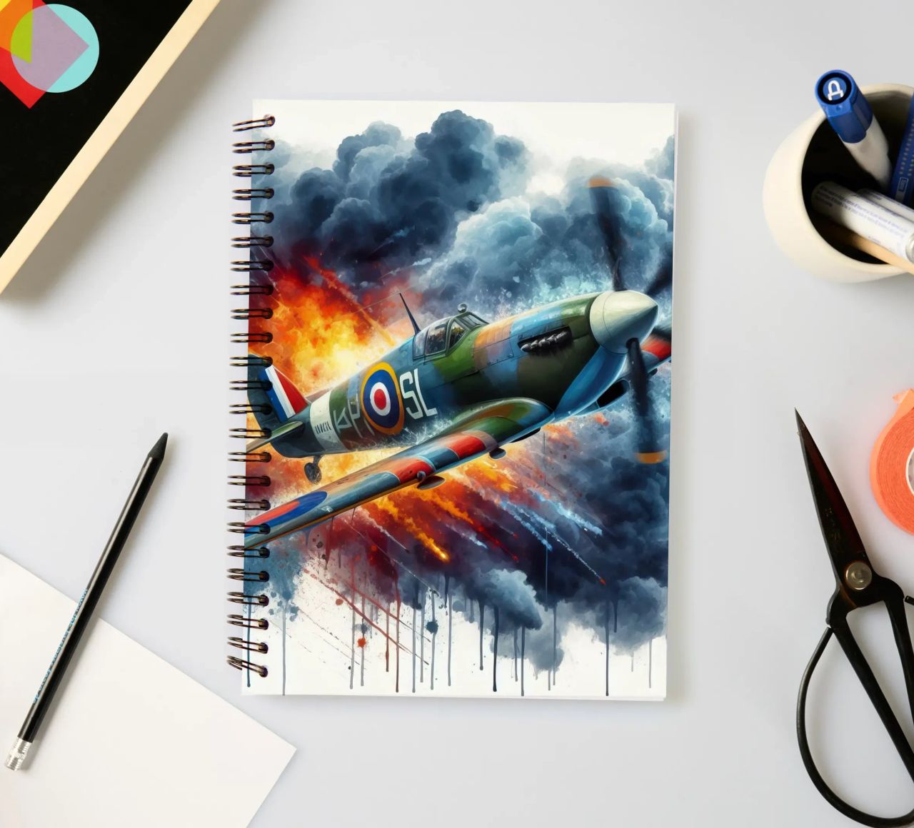 Spitfire at full speed drawn in watercolor with splashes spiral notebook by ARTVI-SHOP
