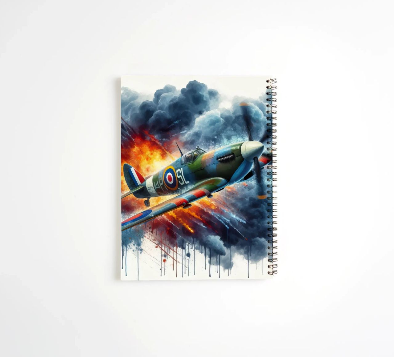 Spitfire at full speed drawn in watercolor with splashes spiral notebook by ARTVI-SHOP