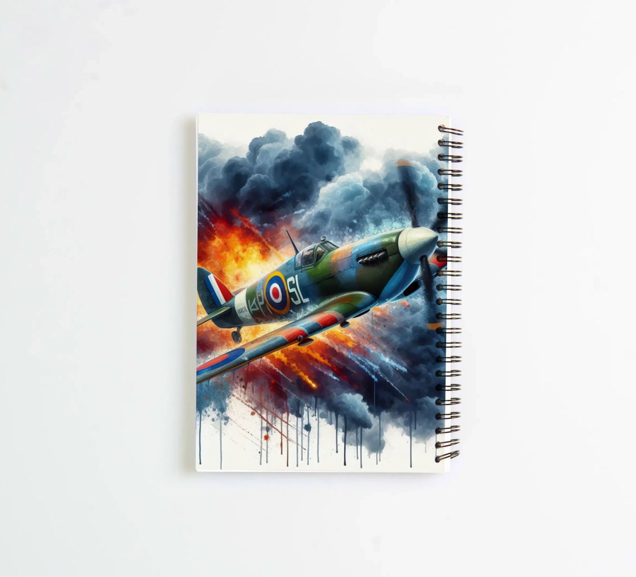 Spitfire at full speed drawn in watercolor with splashes spiral notebook by ARTVI-SHOP