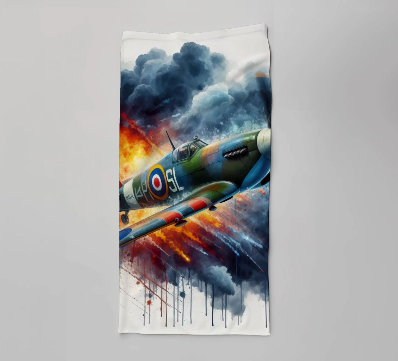 Spitfire at full speed drawn in watercolor with splashes towel by ARTVI-SHOP