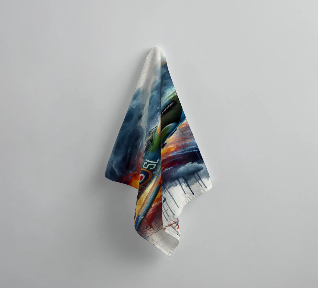 Spitfire at full speed drawn in watercolor with splashes towel by ARTVI-SHOP