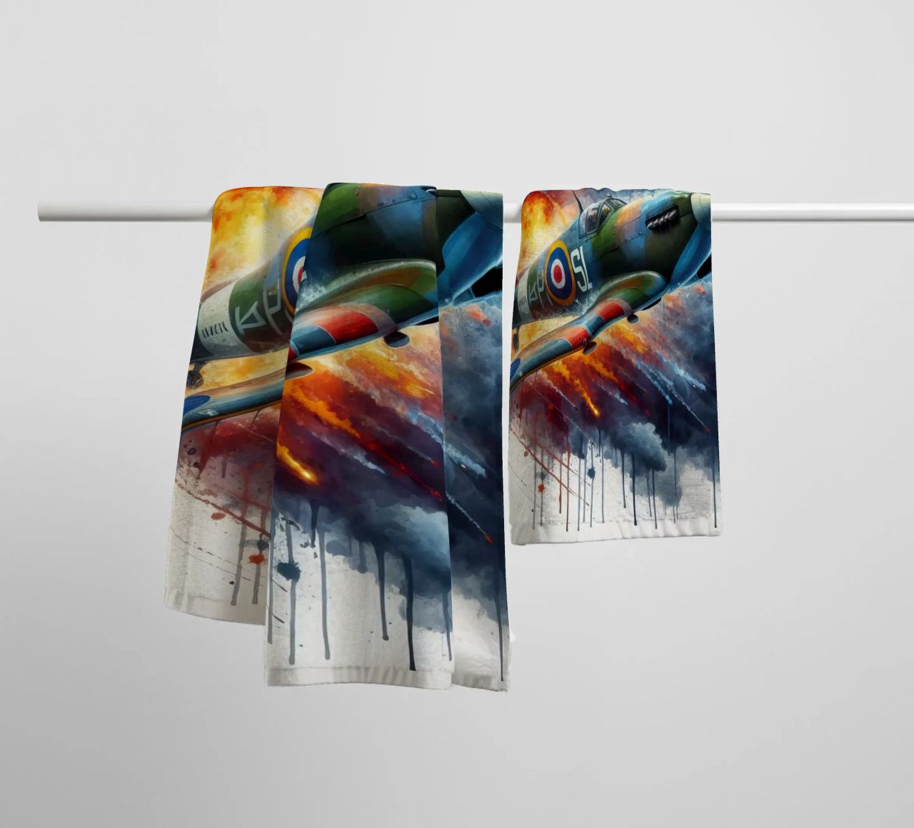 Spitfire at full speed drawn in watercolor with splashes towel by ARTVI-SHOP
