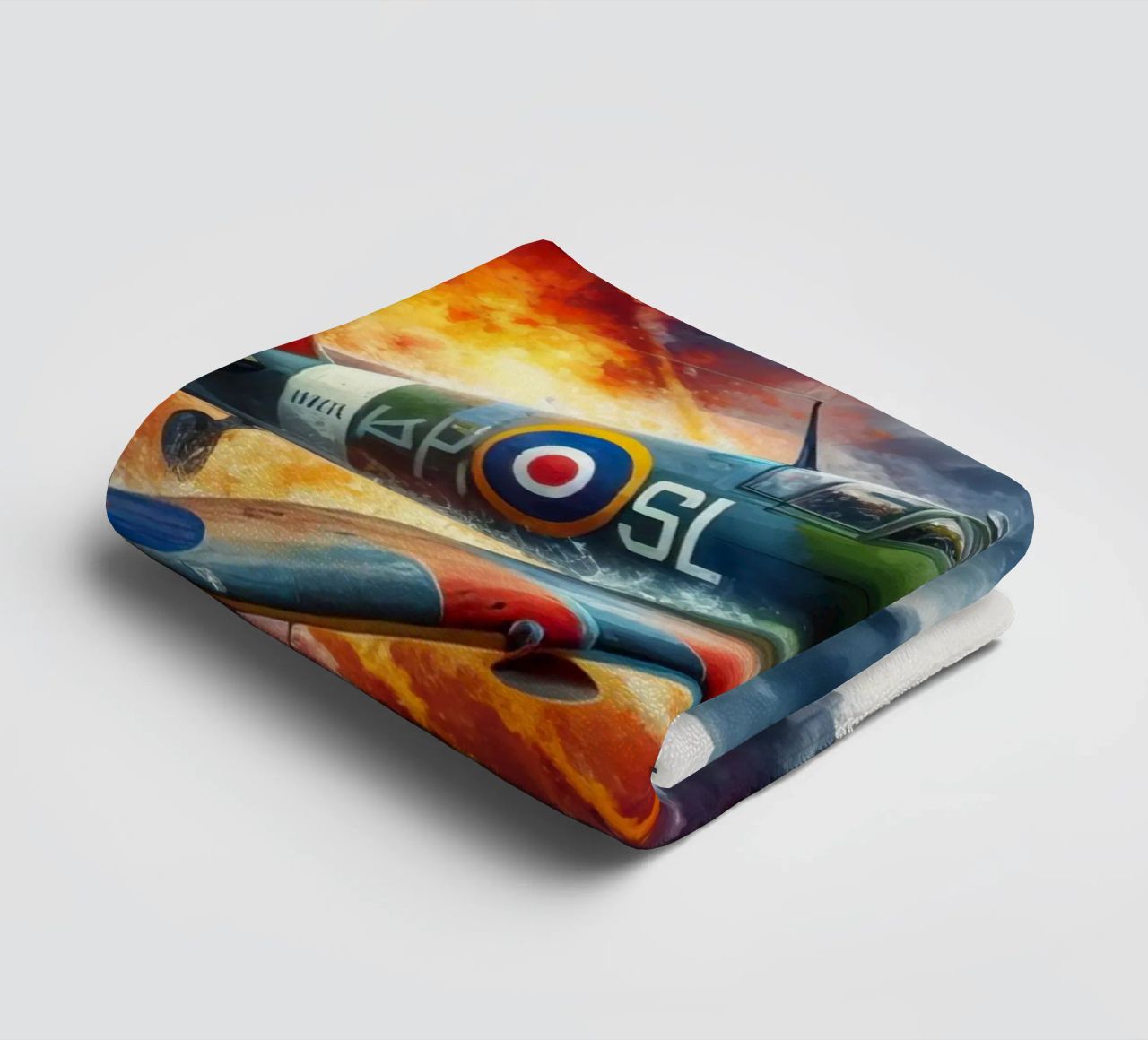 Spitfire at full speed drawn in watercolor with splashes towel by ARTVI-SHOP