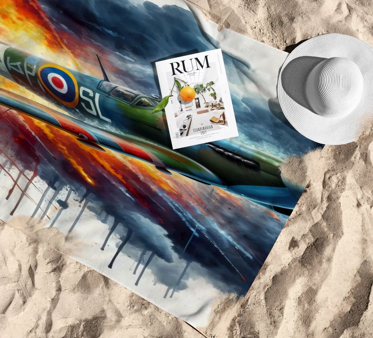Spitfire at full speed drawn in watercolor with splashes beach towel by ARTVI-SHOP