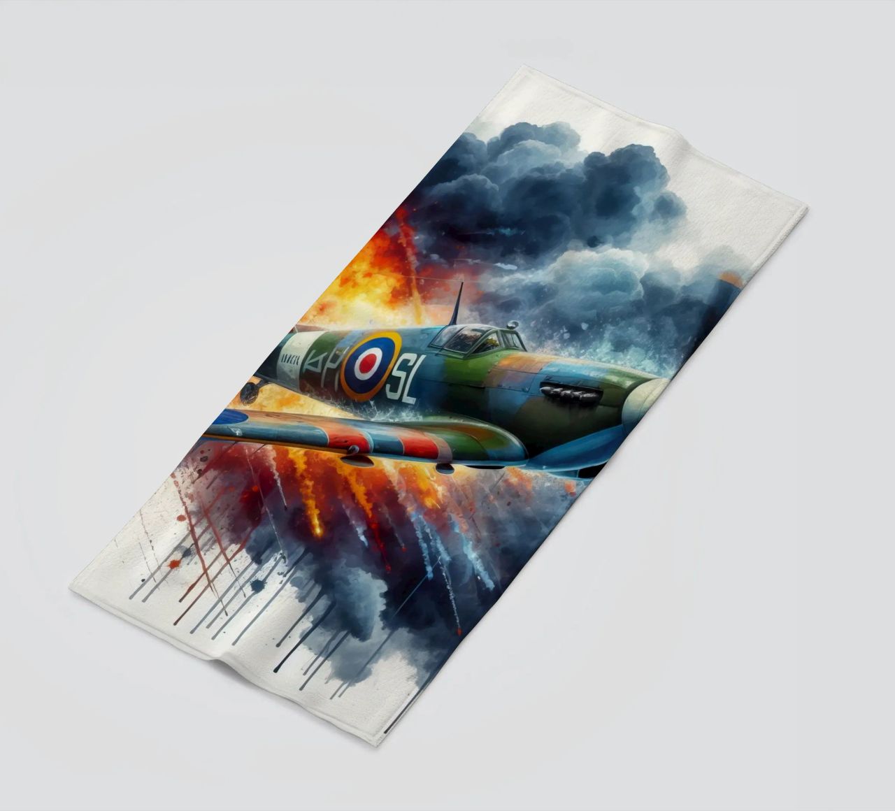 Spitfire at full speed drawn in watercolor with splashes beach towel by ARTVI-SHOP