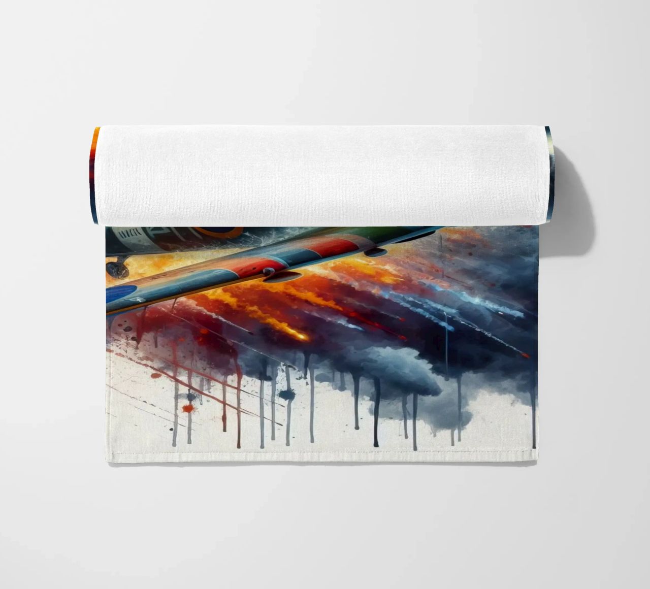 Spitfire at full speed drawn in watercolor with splashes beach towel by ARTVI-SHOP