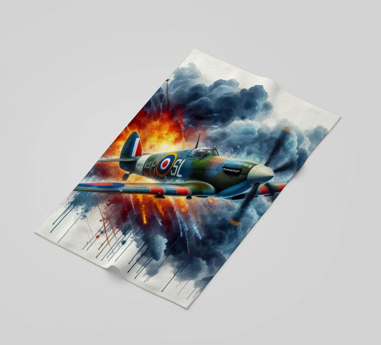 Spitfire at full speed drawn in watercolor with splashes beach towel by ARTVI-SHOP